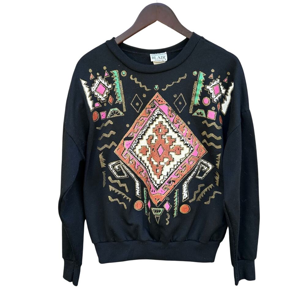 Vintage Black Sweatshirt with Pink, Orange & Gold Aztec Motif